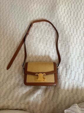 Celine Brown Leather & Natural Raffia Triomphe Crossbody